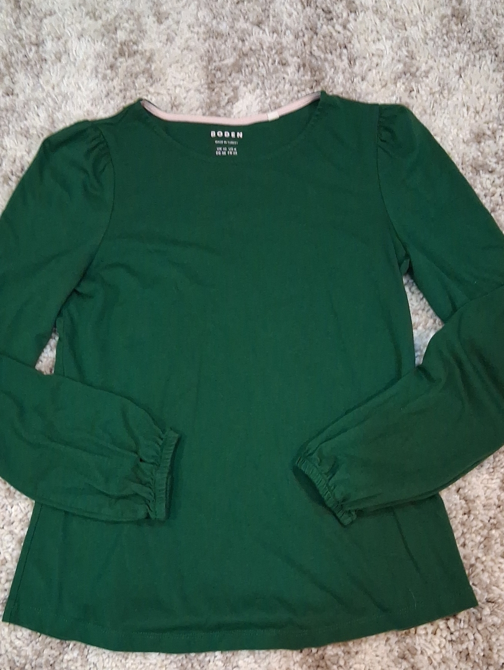 Boden Dark Green Long-Sleeve  Crewneck With Subtle Puff Shoulders Size 6
